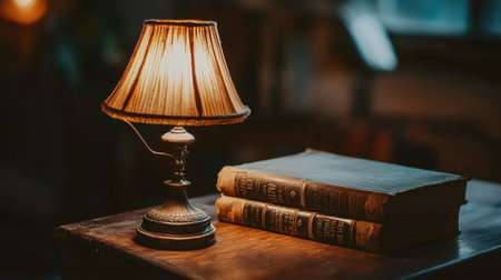 A vintage study room with antique furniture, old books, and a classic desk lamp casting a warm glow.の素材