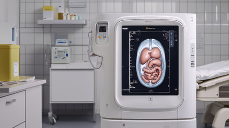 An advanced medical scanner displaying a patient internal organs in real-time.の素材
