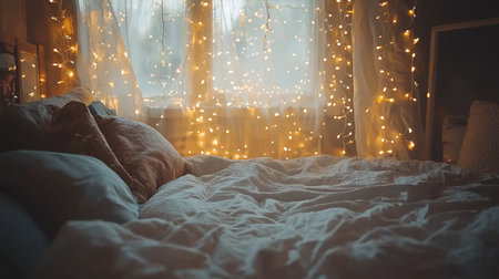 A soft-lit bedroom with fairy lights, fluffy pillows, and a warm, inviting atmosphere.の素材