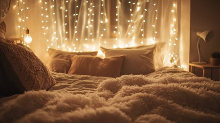 A soft-lit bedroom with fairy lights, fluffy pillows, and a warm, inviting atmosphere.の素材