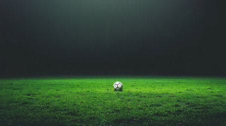 A soccer ball resting on a lush green field, illuminated by stadium lights, ready for the game.の素材