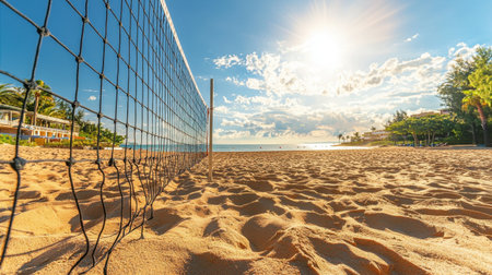 A volleyball on a sandy beach court, with the net and distant ocean in view.の素材