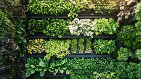 A vertical farm with layers of crops growing under controlled LED lighting.の素材