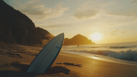 A surfboard stuck upright in the sand, waves rolling in under a golden sunset.の素材
