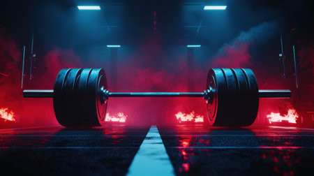A weightlifting barbell loaded with heavy plates, ready for a record-breaking lift.の素材