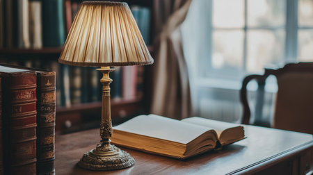 A vintage study room with antique furniture, old books, and a classic desk lamp casting a warm glow.の素材