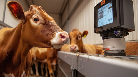 AI-powered facial recognition system tracking livestock health and movement.の素材