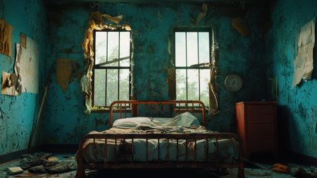 An abandoned hospital room with peeling paint, rusted bed frames, and broken windows.の素材