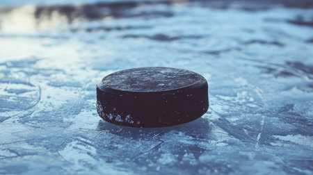 An ice hockey puck in the center of a frozen rink, waiting for the first hit.の素材