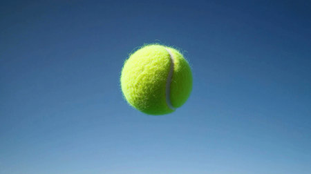A tennis ball caught mid-air above a vibrant blue court, waiting to be served.の素材