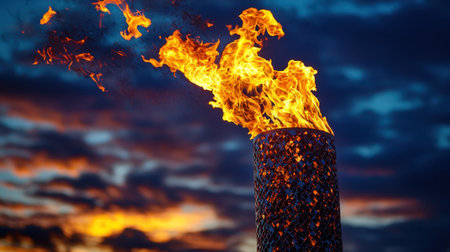 An Olympic torch burning brightly against a twilight sky.の素材