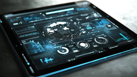 A transparent digital tablet displaying an interactive 3D model.の素材