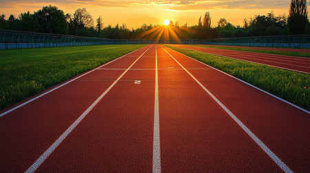 An empty running track with numbered lanes, stretching into the distance at sunset.の素材