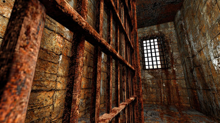 An old, abandoned prison cell with rusted bars and faint light seeping through a small window.の素材