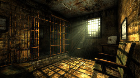 An old, abandoned prison cell with rusted bars and faint light seeping through a small window.の素材