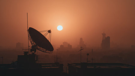 A stunning silhouette of a satellite dish against a vibrant orange sunset creating a captivating backdrop for a city skyline, represented in soft dusk light.の素材