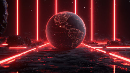 Futuristic 3D Earth with glowing neon lines representing global data transfer, showcasing the interconnected world of modern communication.の素材