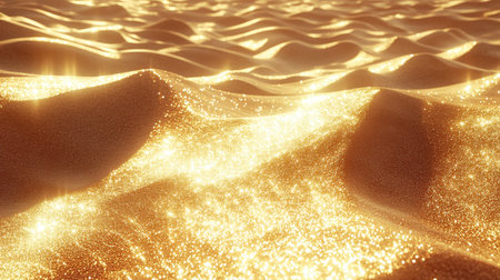 Transparent seamless desert sand texture, enhanced with golden reflections of a beach, capturing the beauty of the natural curves of sand dunes.の素材