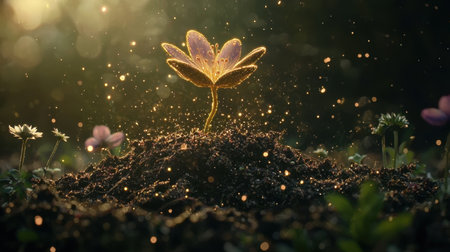 A mesmerizing fusion of earth and spirit unfolds as delicate flora emerge from soil infused with ethereal energy, bridging nature realms.の素材