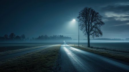 A lone streetlight illuminates an empty road in the dead of night, the atmosphere heavy with stillness.の素材