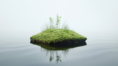 A weightless sphagnum bog hovers amidst drifting fog, a floating paradise of peat moss, tranquil waters, and delicate biodiversity.の素材