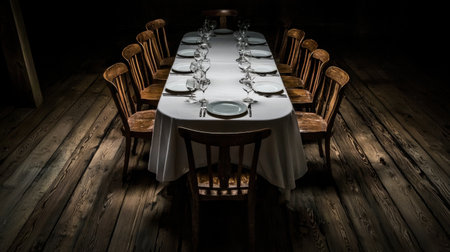A table set for a feast, yet no guests arrive, the chairs eerily emptyの素材