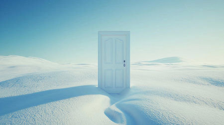 A single door floating in an endless white void, leading to nowhere.の素材