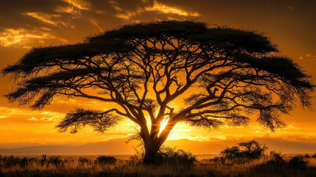 A tranquil scene unfolds in Amboseli as the day fades, the silhouette of acacia trees accentuated by the rich, golden hues of twilight.の素材