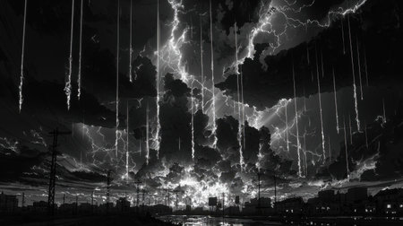 Dark storm clouds gather ominously, their looming presence shattered by brilliant streaks of lightning illuminating the turbulent sky.の素材
