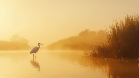 Bathed in soft light, a sapphire-toned heron stands in perfect harmony with its marshland home, a vision of elegance and tranquility.の素材