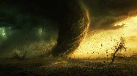 As the sky darkens, a twisting tornado rages across the plains, its terrifying beauty a testament to nature untamed fury.の素材