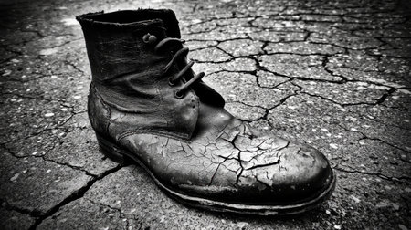 An old, worn-out boot lying alone on a cracked pavement.の素材