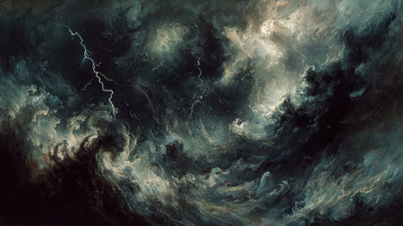 Ominous thunderheads roll in, their eerie darkness punctuated by the dazzling spectacle of lightning carving through the sky.の素材