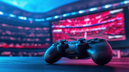 A football video game controller resting next to a screen showing a stadium.の素材
