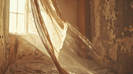A forgotten room covered in dust, with tattered curtains swaying gently in the breeze.の素材