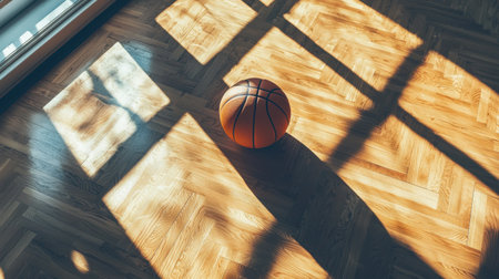 A basketball bouncing on a polished wooden court, casting a dramatic shadow.の素材