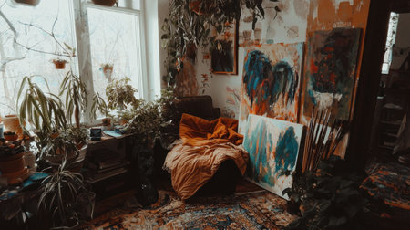 A cozy artista studio filled with paintbrushes, canvases, and an inspiring creative atmosphere.の素材