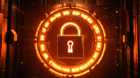 A lock icon surrounded by binary code, representing data encryption. 577e08df9decの素材