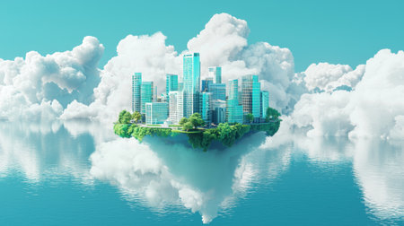 A futuristic floating city powered by AI-driven cloud technology.の素材
