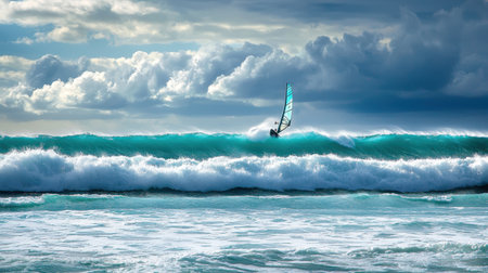 A windsurfing sail catching the wind over turquoise ocean waves.の素材