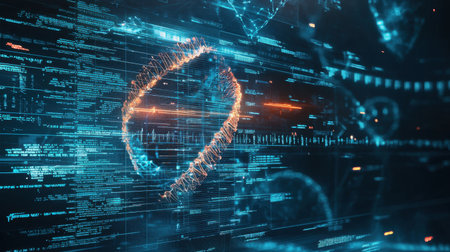 A holographic display of human DNA with glowing medical data.の素材