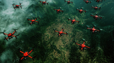 A fleet of drones autonomously monitoring vast farmlands from above.の素材