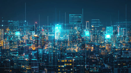 A futuristic cityscape augmented with holographic digital billboards.の素材