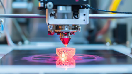 A 3D printer creating a high-tech object with precision laser technology.の素材
