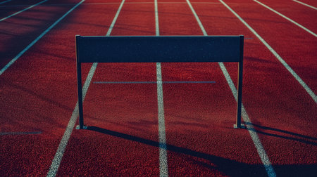 A hurdle placed in the middle of a red running track, waiting for a perfect leap.の素材