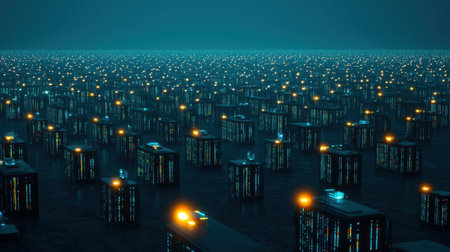 A massive data center with endless rows of illuminated servers.の素材
