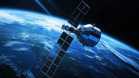 A satellite floating above Earth, transmitting signals across the globe.の素材