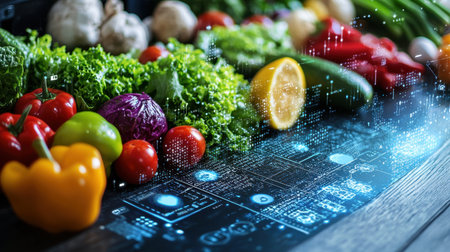 A digital ledger displaying blockchain transactions for farm-to-table traceability.の素材