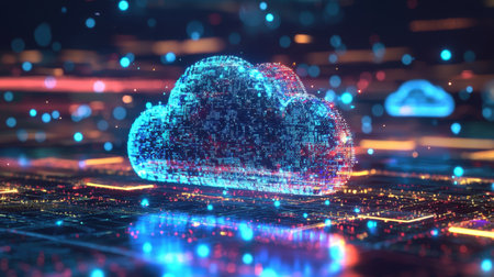 A futuristic control panel displaying a real-time cloud data transfer.の素材