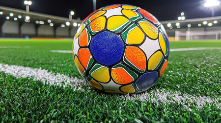 A soccer ball resting on a lush green field, illuminated by stadium lights, ready for the game.の素材